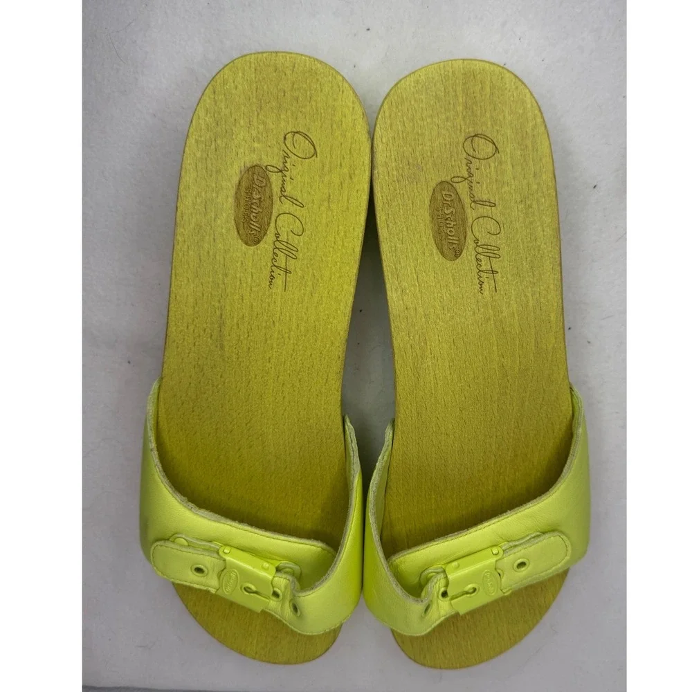 Dr. Scholl's Original Sandals Women 9 Neon Lime Green Leather Wood Clog Boho Y2K